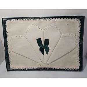 Irish‎ Linen Luncheon Set 4 Mats 4 Napkins Lace Trim Green Bow NOS 15x11in ECRU